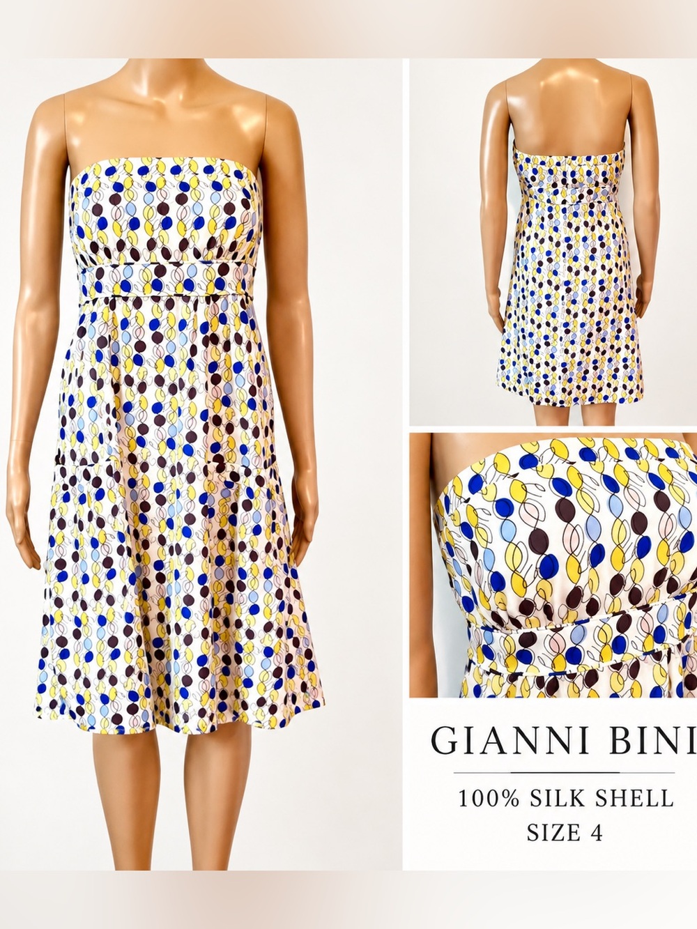 Gianni Bini 100% Silk Shell Strapless Print Dress Size 4 Blue Yellow